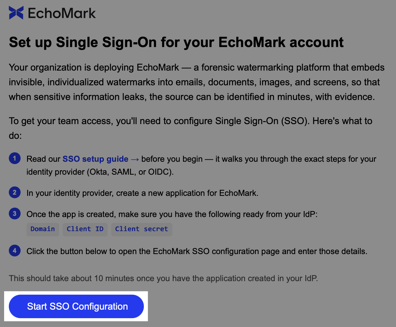Start SSO Configuration in the EchoMark setup email