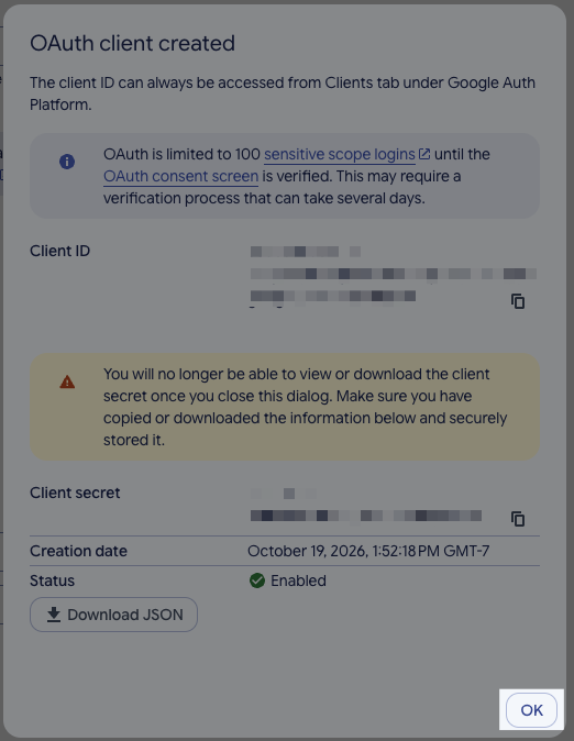 Copy the Google OAuth Client ID and client secret before closing