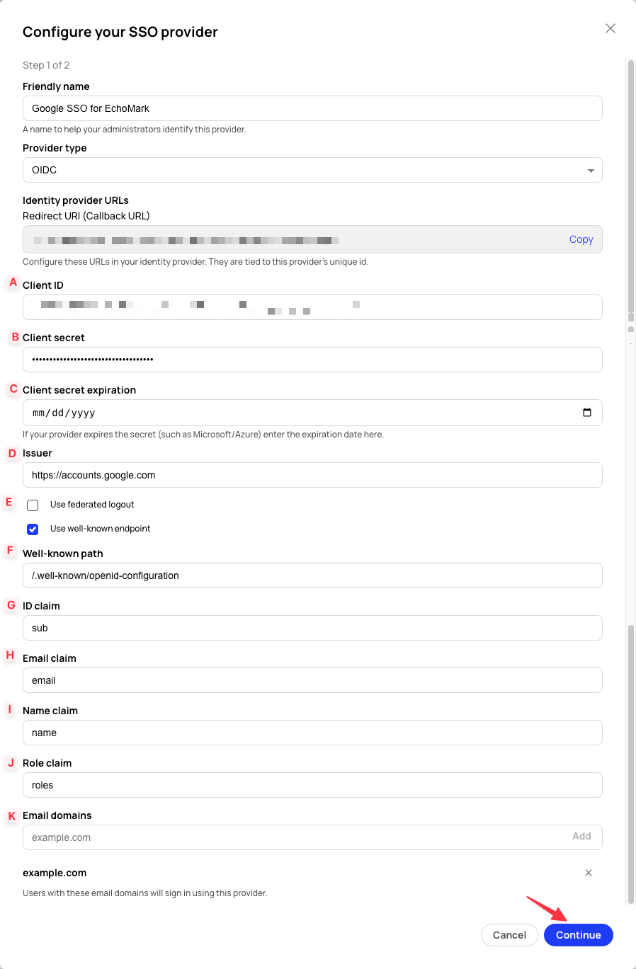 Complete the Google OIDC provider configuration in EchoMark