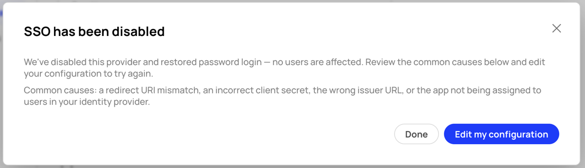 SSO disabled after an unsuccessful test