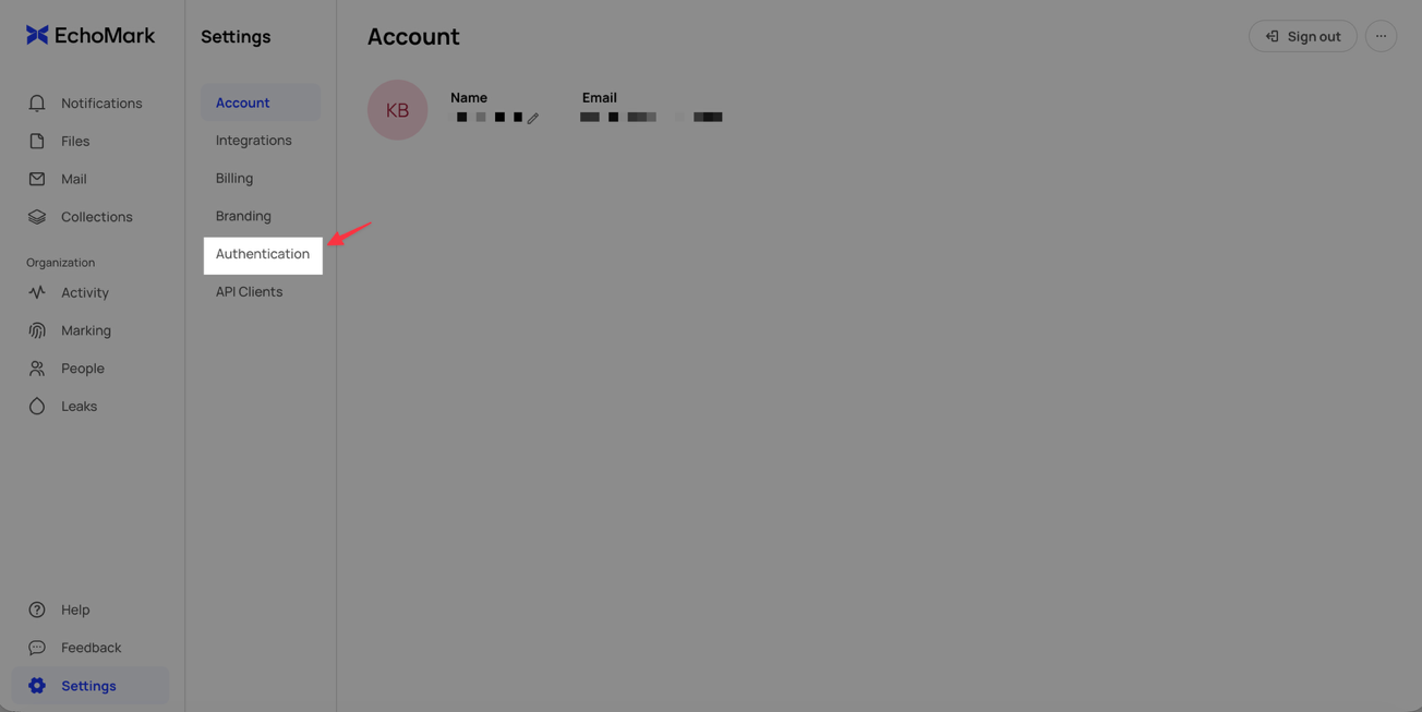 Authentication in EchoMark Settings