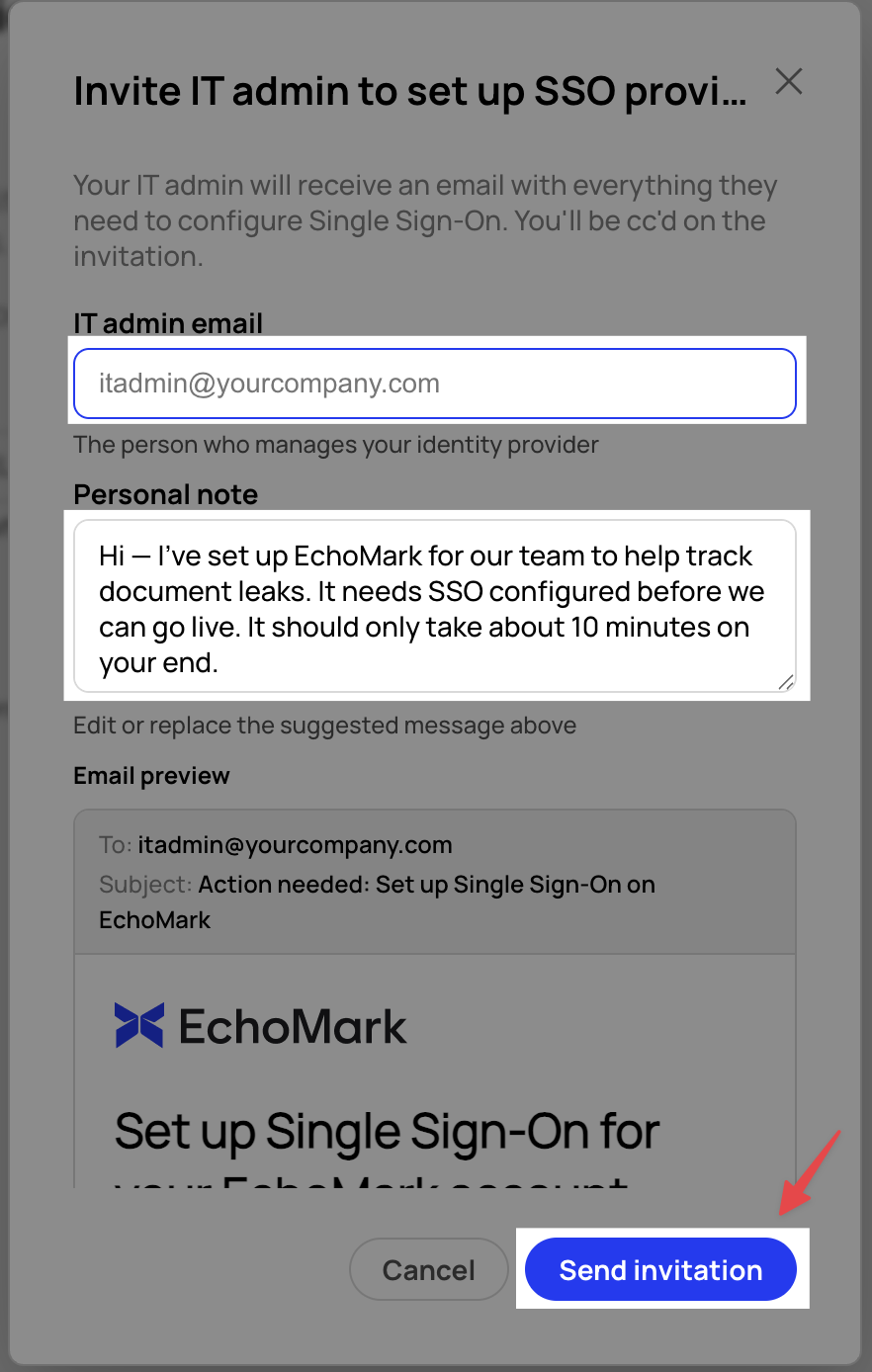 SSO invitation email and personal note