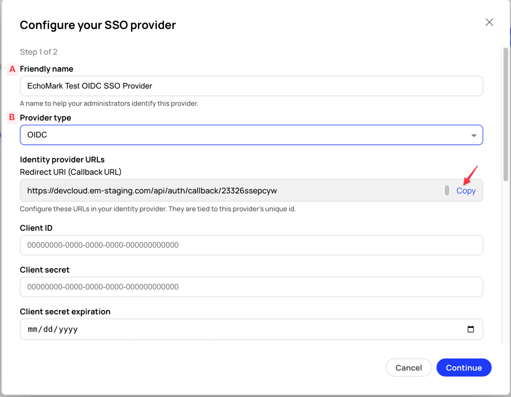 Choose OIDC and copy the Redirect URI