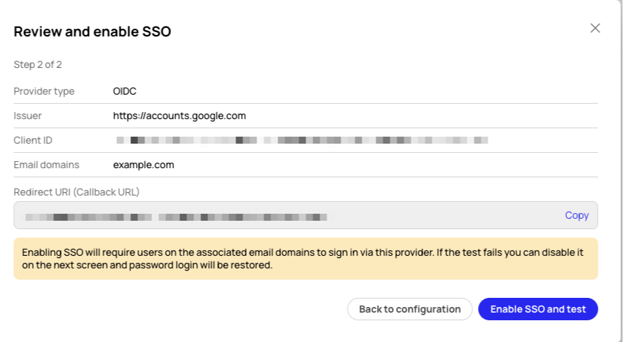 Review the provider and enable SSO for testing